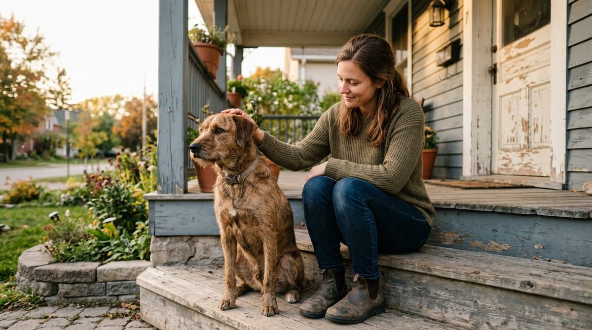 A person sitting on a porch with their rescue dog