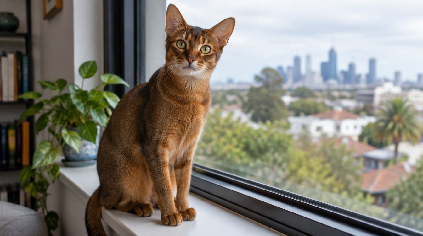 A ruddy ticked-coat Abyssinian cat sitting alert on a windowsill in a Perth home, representing the Abyssinian-type and active short-haired cats that occasionally come up for adoption through WA rescues