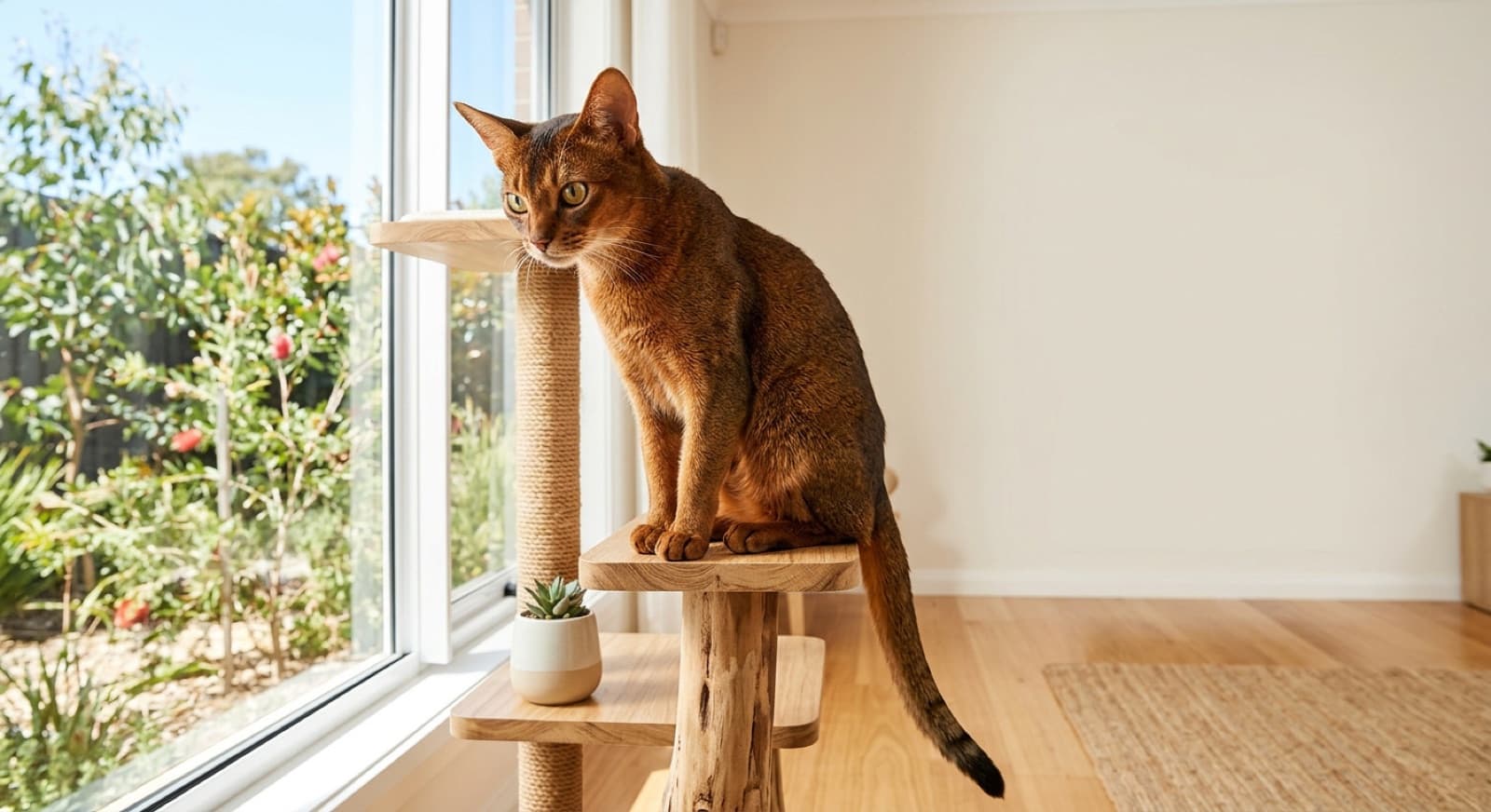 A lithe, athletic Abyssinian cat with a warm ruddy ticked coat, large alert ears and almond eyes perched high in a Sydney home, representing the Abyssinians and ticked-tabby crosses that occasionally come up for adoption in NSW rescues