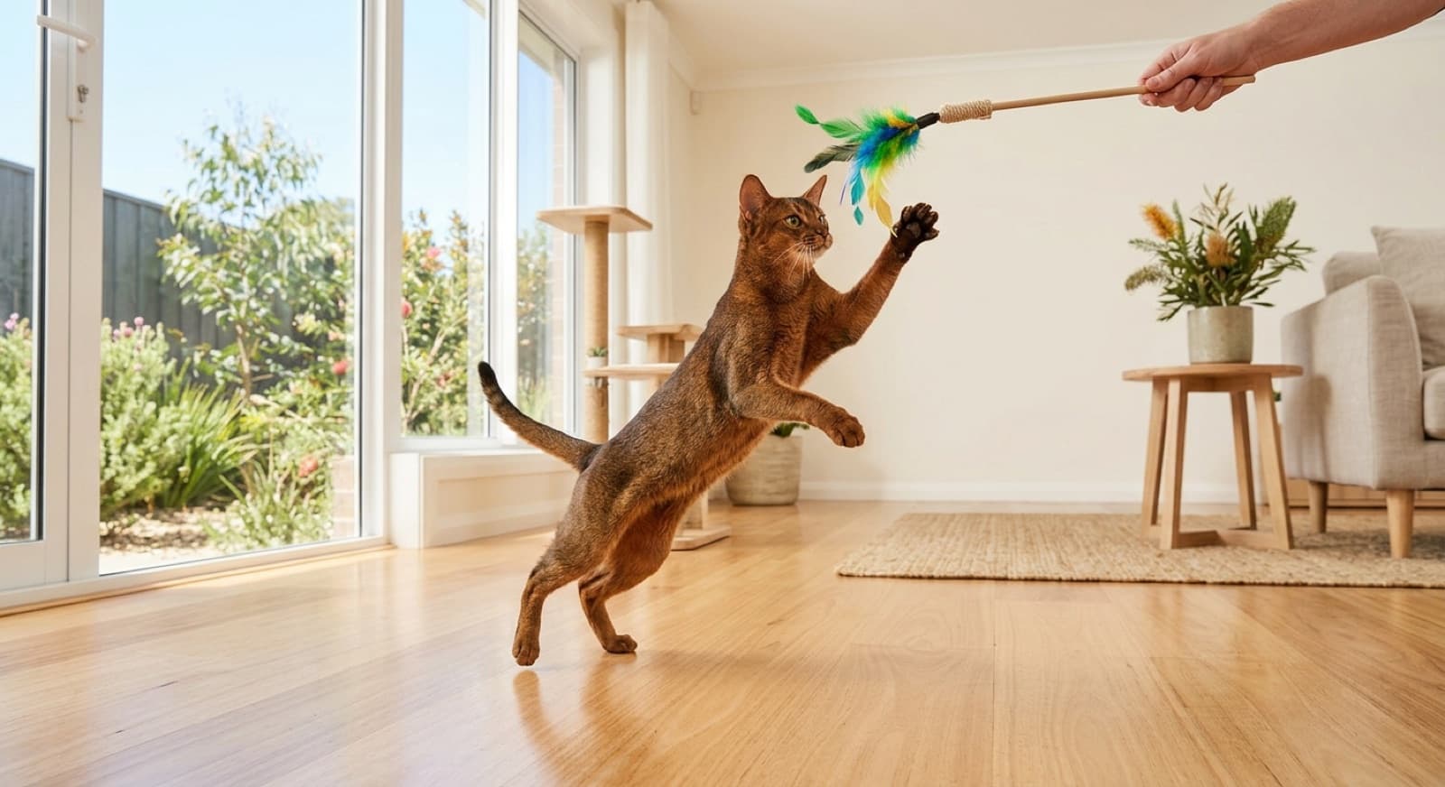 An athletic Abyssinian cat with a ticked coat mid-play, leaping for a feather wand toy in a bright Sydney living room, illustrating the daily interactive play this high-energy breed needs