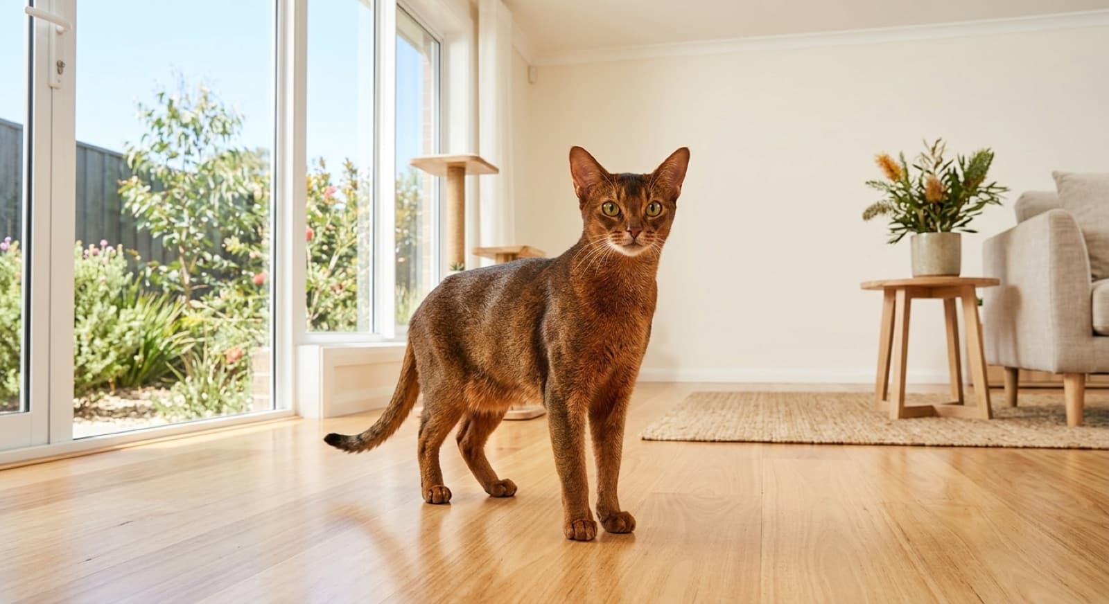 A healthy, lean Abyssinian cat with a warm ticked coat and bright alert eyes standing on a table in a bright Sydney home, illustrating the good condition an active, well-cared-for Abyssinian stays in