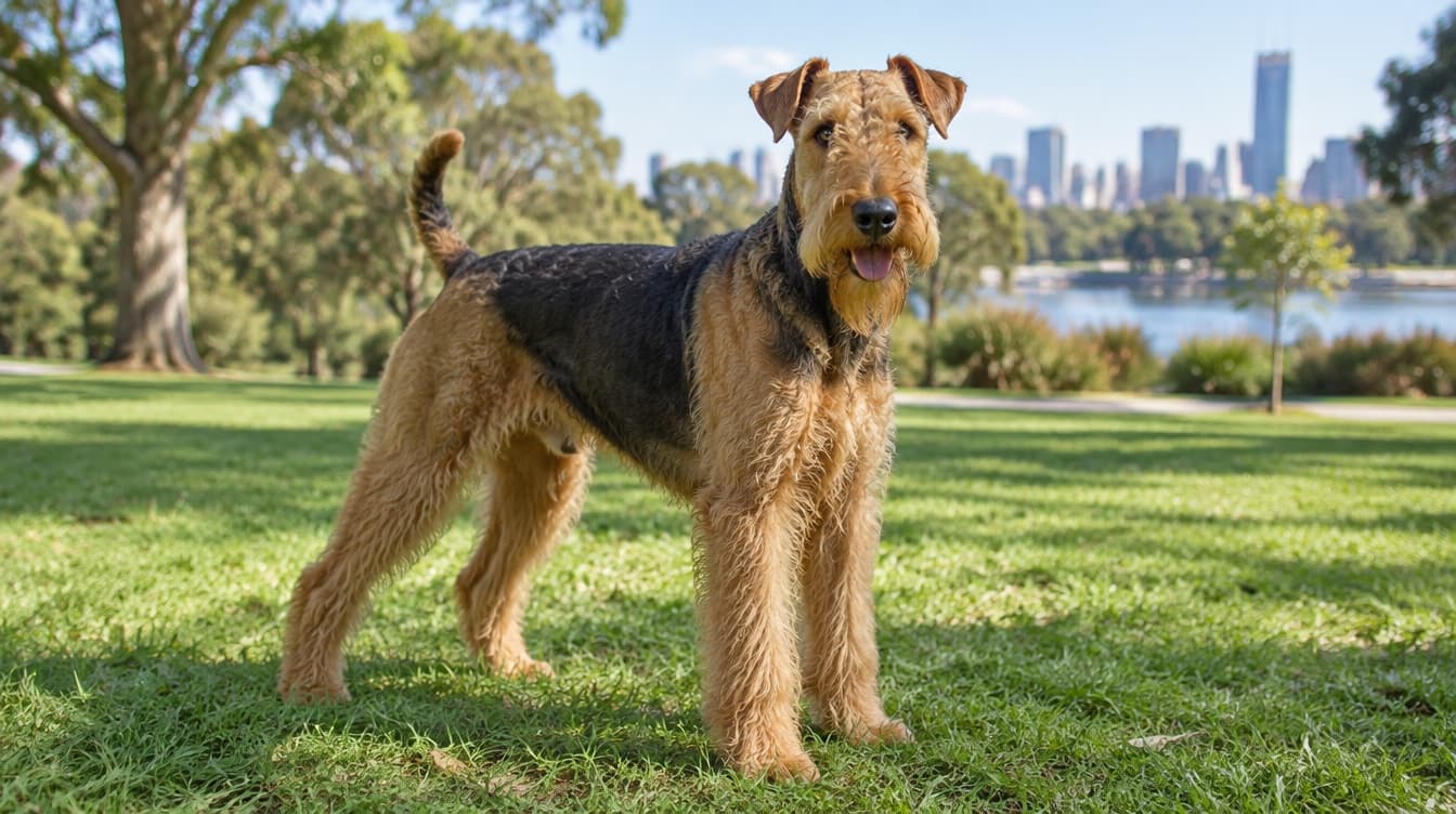 An Airedale Terrier with a tan and black wiry coat sitting on the grass in a Melbourne park, representing the rescue Airedales available for adoption across Victoria