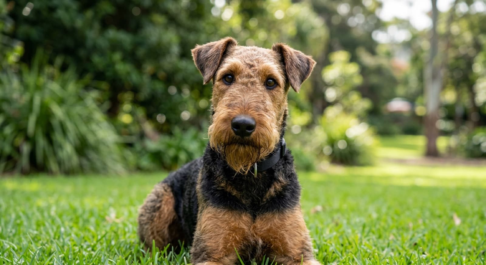 A tan and black Airedale Terrier with a wiry coat and bearded muzzle standing alert on grass in a Sydney park, the largest of the terrier breeds