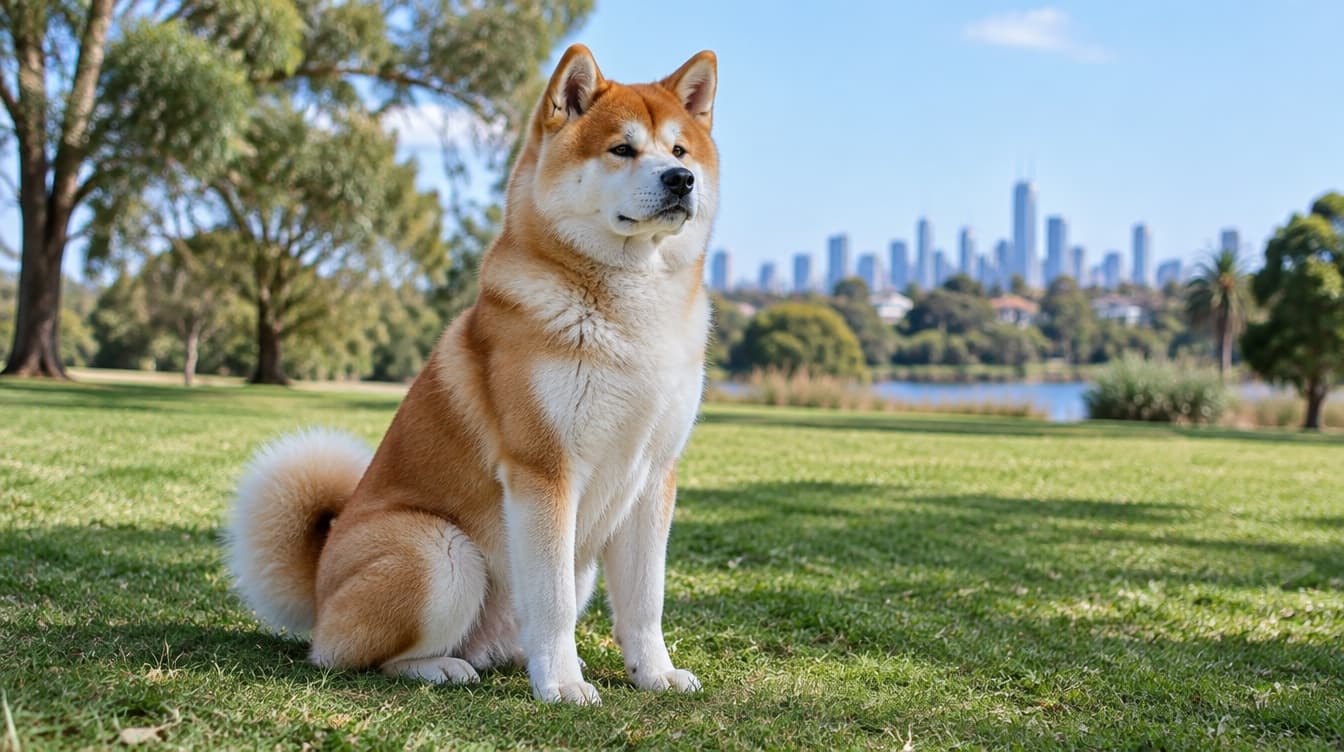 A large red and white Akita with a thick coat and curled tail standing calm and dignified on grass in a sunny Brisbane park, representing the powerful guardian dogs occasionally available for adoption across Brisbane and Queensland rescues