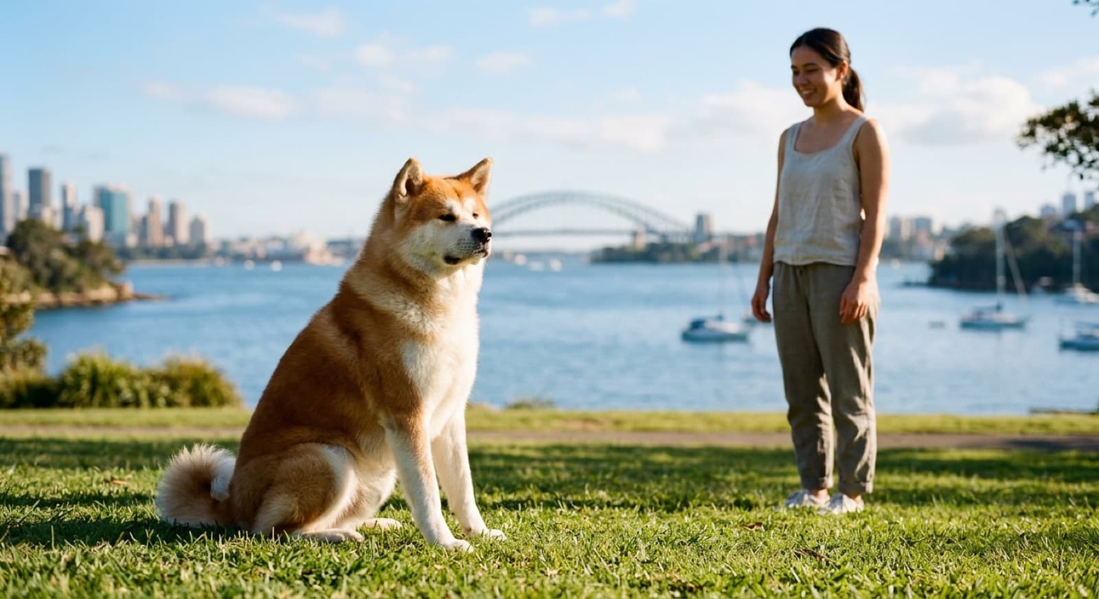 A large Akita with a thick double coat and curled tail standing calm and dignified on the grass in a sunny Sydney park, representing the powerful guardian Spitz breed that turns up for adoption across Sydney and NSW rescues