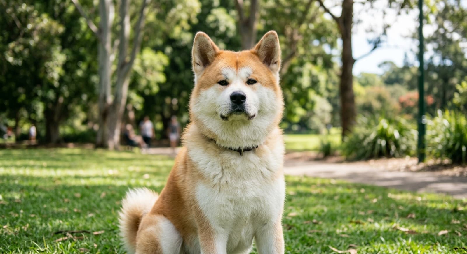 A thick-coated Akita standing alert in a shaded Sydney park, a large guardian breed whose health hinges on watching for immune-mediated disease and managing heat