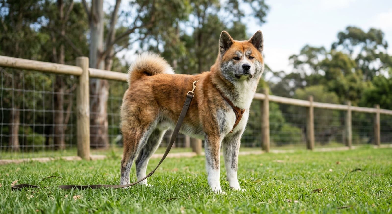 A large Akita standing calm and alert beside its owner on lead in a quiet Sydney park, showing the dignified, watchful guardian temperament the breed is known for
