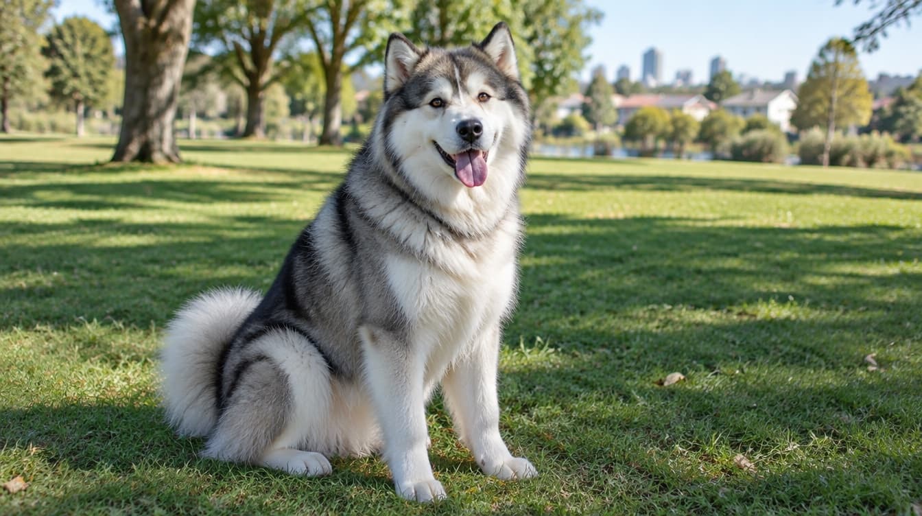 A large Alaskan Malamute with a thick grey and white coat standing on the grass in a Melbourne park, representing the rescue Malamutes available for adoption across Victoria