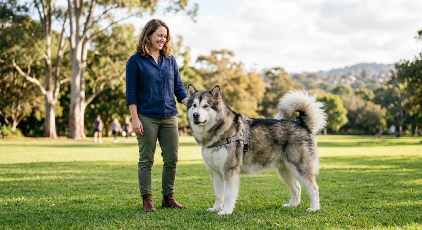 A large, powerful Alaskan Malamute with a dense double coat, brown eyes and a plumed tail curled over its back standing on the grass in a sunny Sydney park, representing the strong, people-loving Arctic sled dog that turns up for adoption across Sydney and NSW rescues