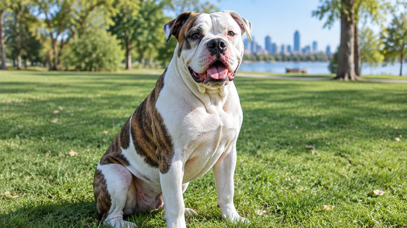 A muscular white and brindle American Bulldog sitting on the grass in a Melbourne park, representing the rescue American Bulldogs available for adoption across Victoria