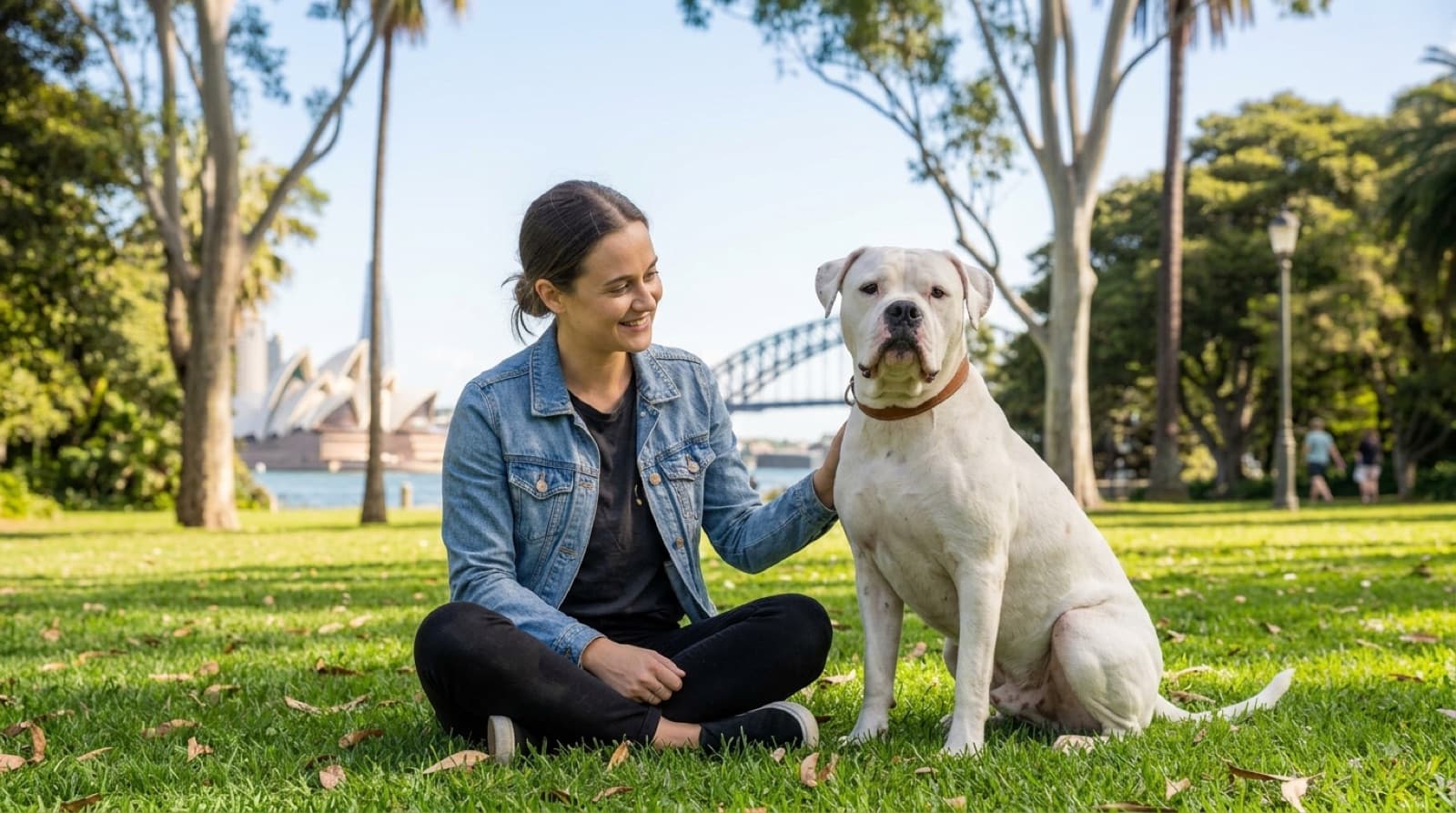 A muscular white and brindle American Bulldog standing alert on grass in a fenced Sydney backyard, representing the powerful working dogs available for adoption across Sydney and NSW rescues