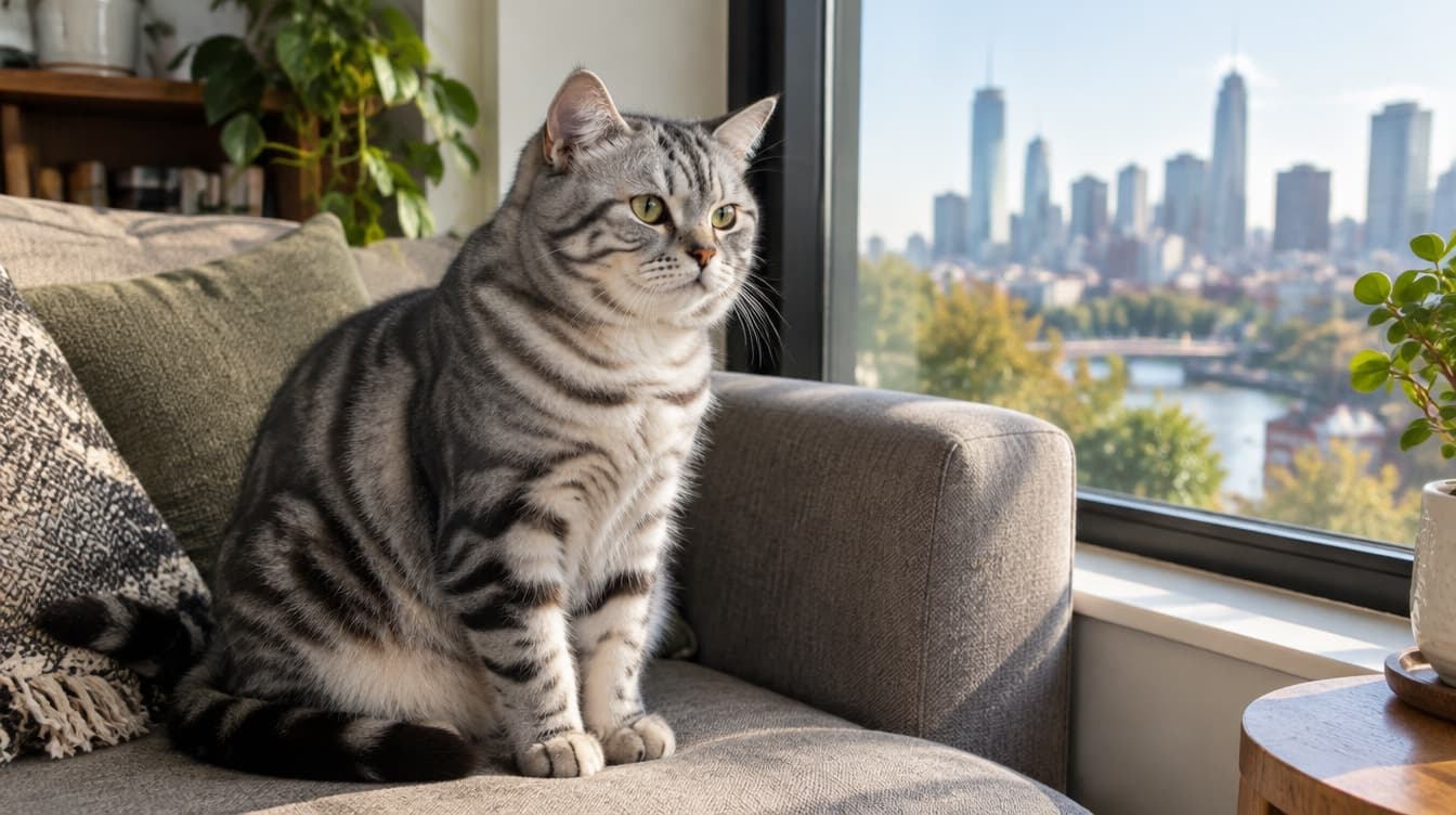 A sturdy silver tabby American Shorthair type cat sitting calmly in a Melbourne living room, representing the easy-going short-haired cats available for adoption through Victorian rescues