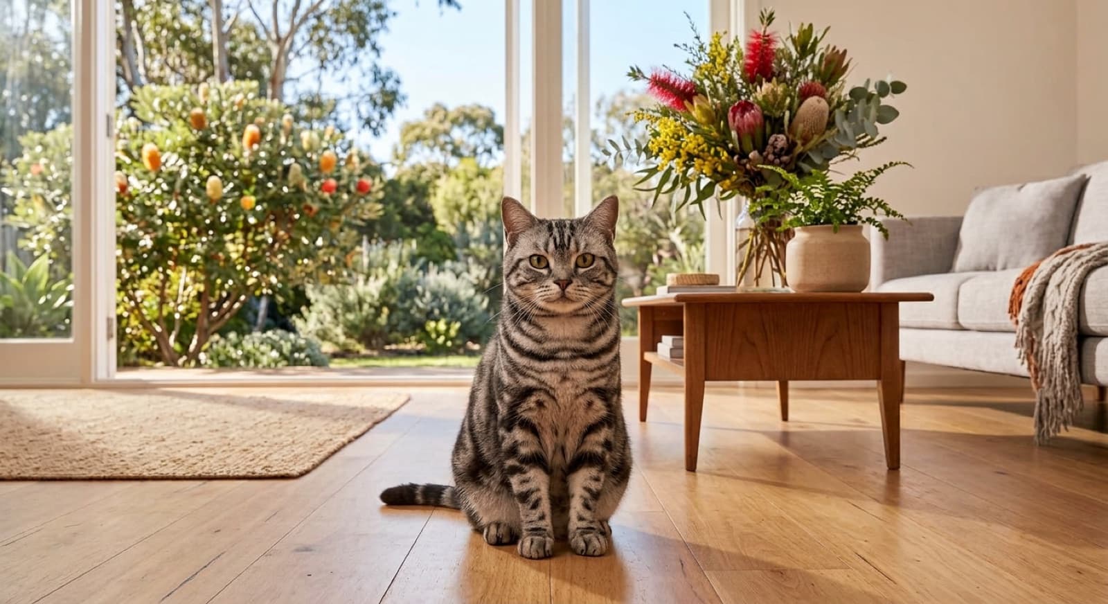 A sturdy, round-faced American Shorthair cat with a dense silver tabby coat sitting calmly in a Sydney home, representing the American Shorthair type and the many domestic shorthairs available for adoption in NSW rescues