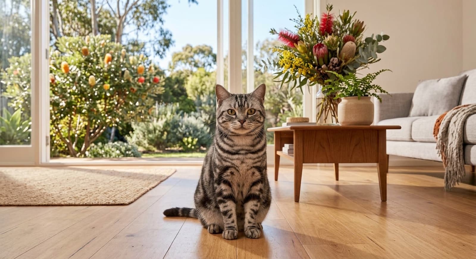 A healthy, lean American Shorthair cat with a dense silver tabby coat sitting alertly in a bright Sydney home, illustrating the good condition a well-managed American Shorthair stays in