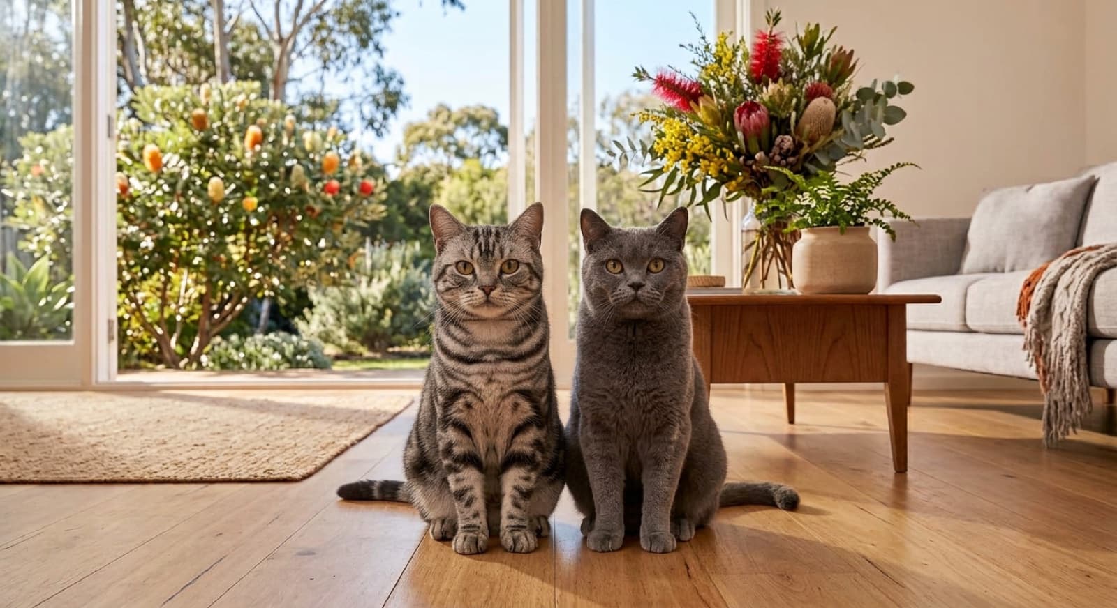 Two sturdy short-haired cats, one a tabby and one a solid colour, sitting together in a bright Sydney home, illustrating how similar the American Shorthair and the everyday domestic shorthair really are