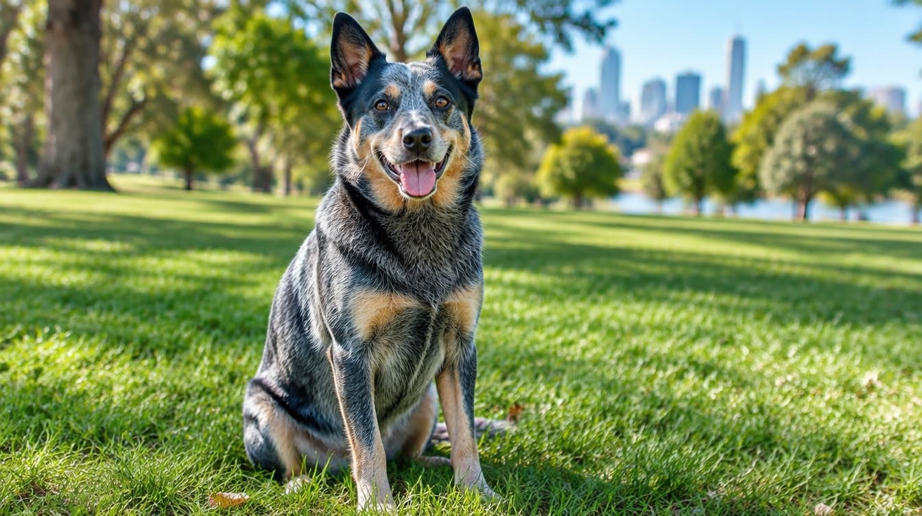 A blue heeler Australian Cattle Dog sitting on the grass in a Melbourne park, representing the rescue Cattle Dogs available for adoption across Victoria