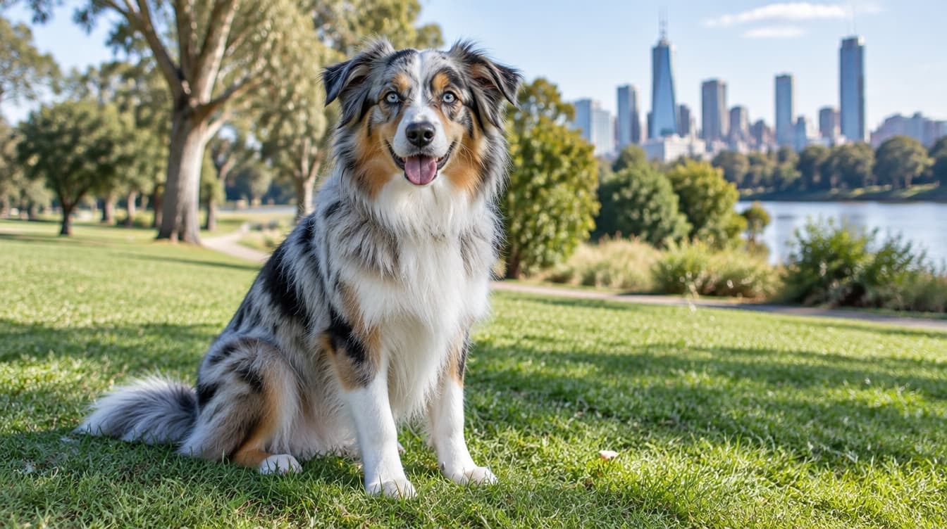 A blue merle Australian Shepherd sitting on the grass in a Melbourne park, representing the rescue Australian Shepherds available for adoption across Victoria