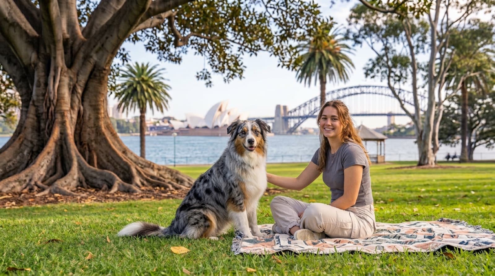 A merle-coated Australian Shepherd standing alert on grass in a sunny Sydney park, representing the athletic working dogs occasionally available for adoption across Sydney and NSW rescues