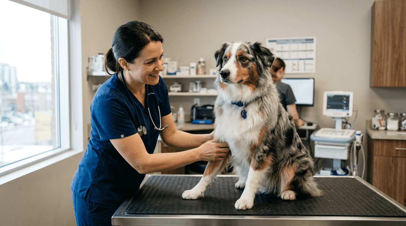 A smiling vet with a calm merle dog on a clinic exam table, representing the vet consultation where Coffs Harbour owners discuss desexing