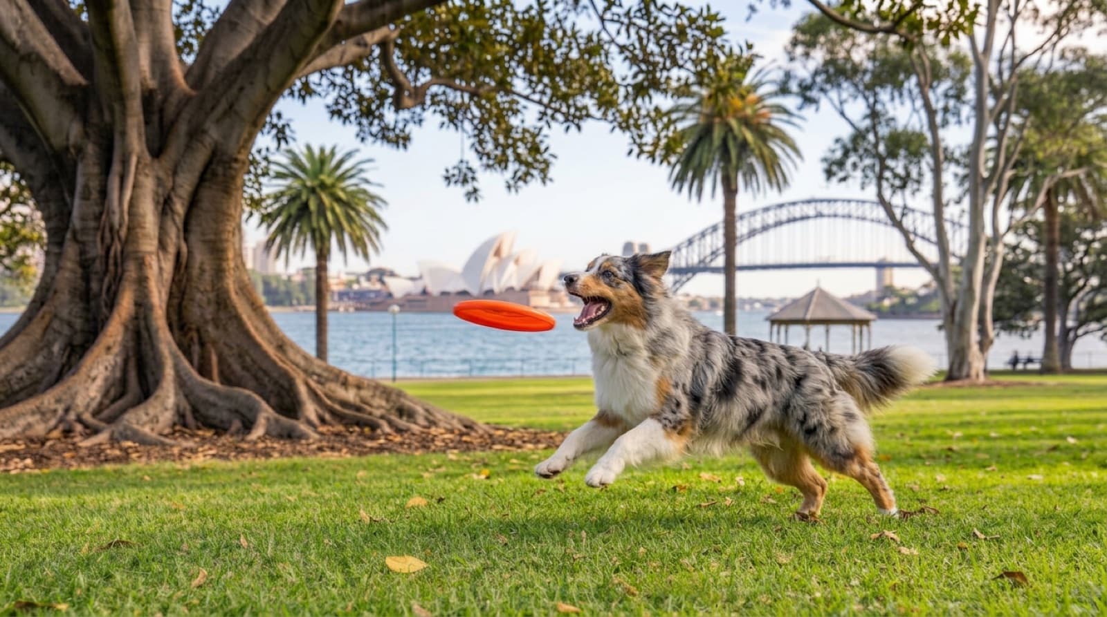 An Australian Shepherd running and catching a toy in a fenced Sydney off-leash park in the cool morning light, illustrating the daily physical exercise and structured play the breed needs