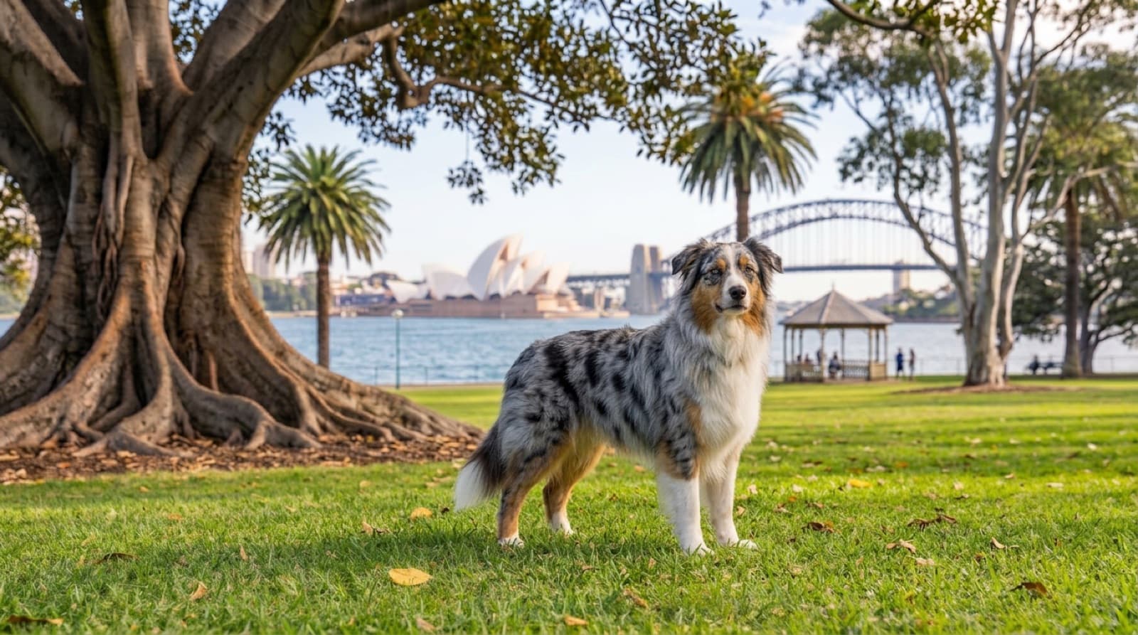 A lean, healthy Australian Shepherd standing alert on grass in a shaded Sydney backyard, representing the good body condition and regular vet care the breed depends on