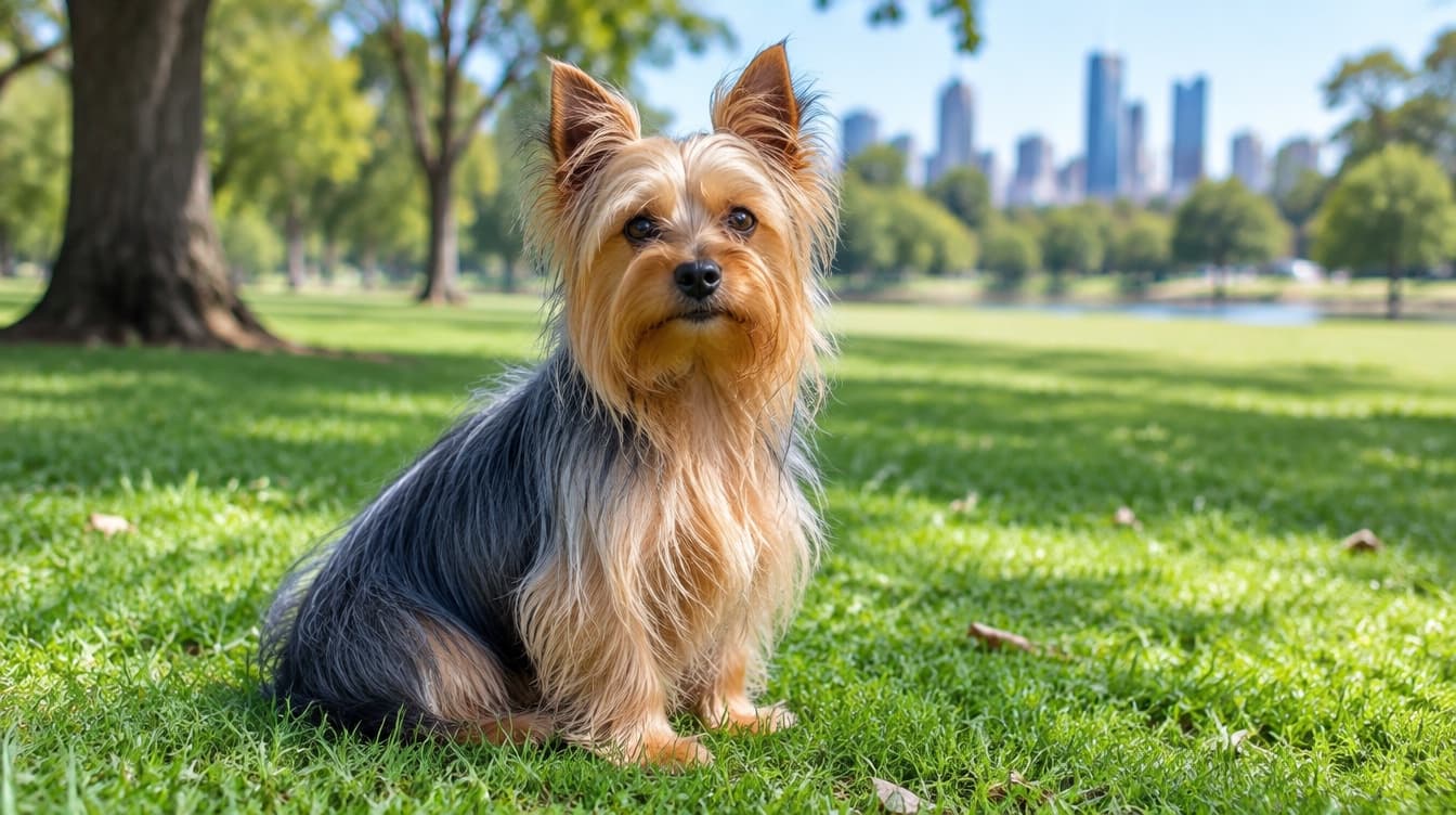 An Australian Silky Terrier with a silky blue and tan coat sitting on the grass in a Melbourne park, representing the rescue Silky Terriers available for adoption across Victoria