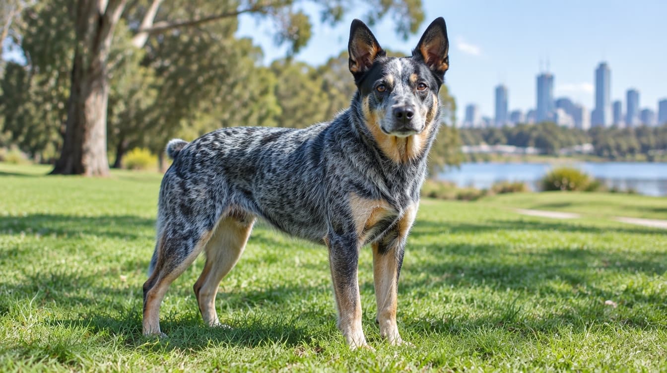 A blue-speckled Australian Stumpy Tail Cattle Dog with a natural bobtail standing alert on dry golden grass in a sunny Perth park, representing the rare home-grown working dogs occasionally available for adoption across Perth and Western Australia rescues