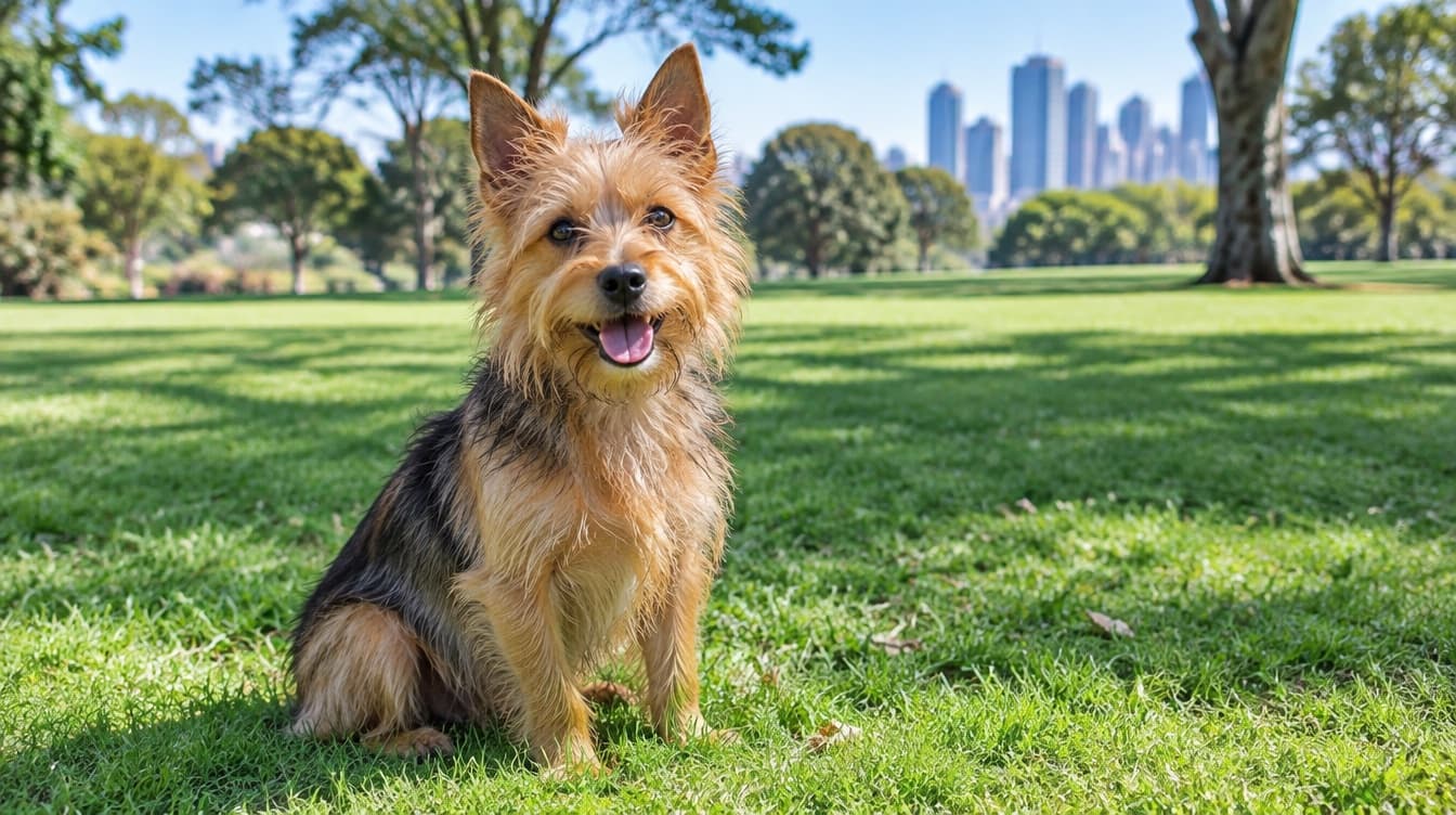 A small Australian Terrier sitting on the grass in an Adelaide park, representing the rescue terriers available for adoption across South Australia