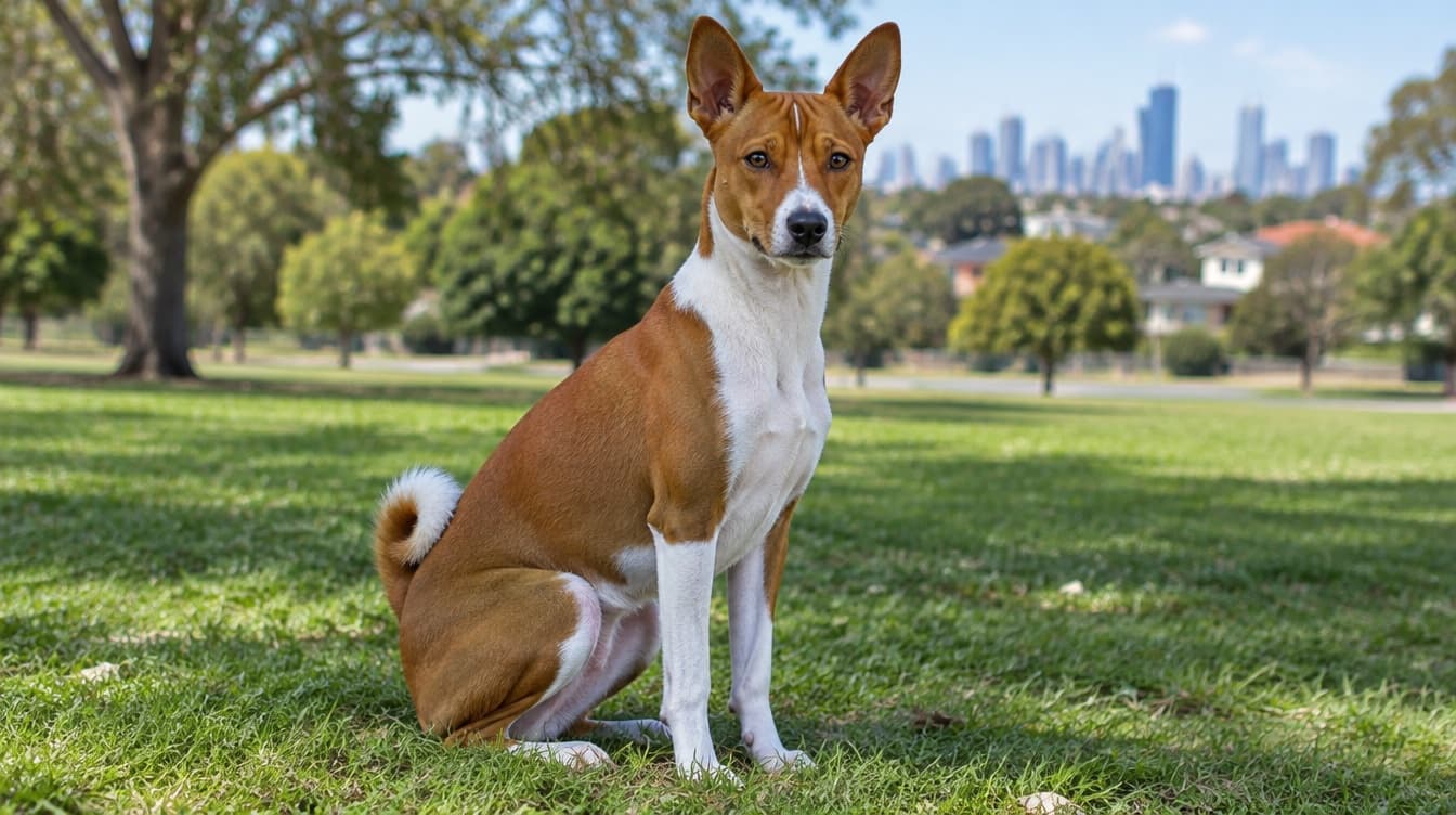 A Basenji sitting alert on the grass in an Adelaide park, representing the rescue Basenjis available for adoption across South Australia