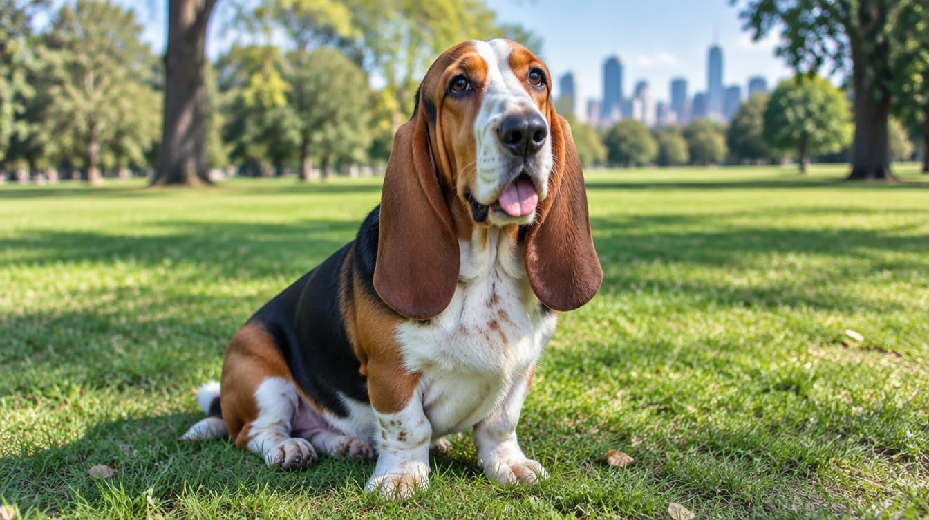 A tricolour Basset Hound with long ears sitting on the grass in a Melbourne park, representing the rescue Basset Hounds available for adoption across Victoria
