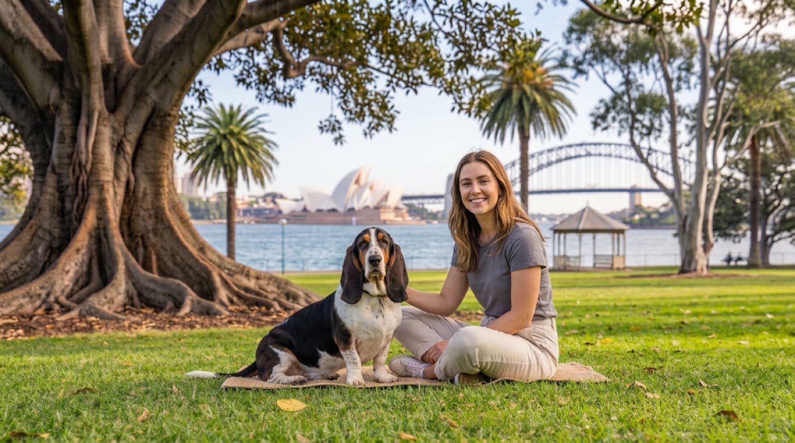 A tricolour Basset Hound with long ears and a gentle expression sitting on grass in a sunny Sydney park, representing the scent hounds occasionally available for adoption across Sydney and NSW rescues