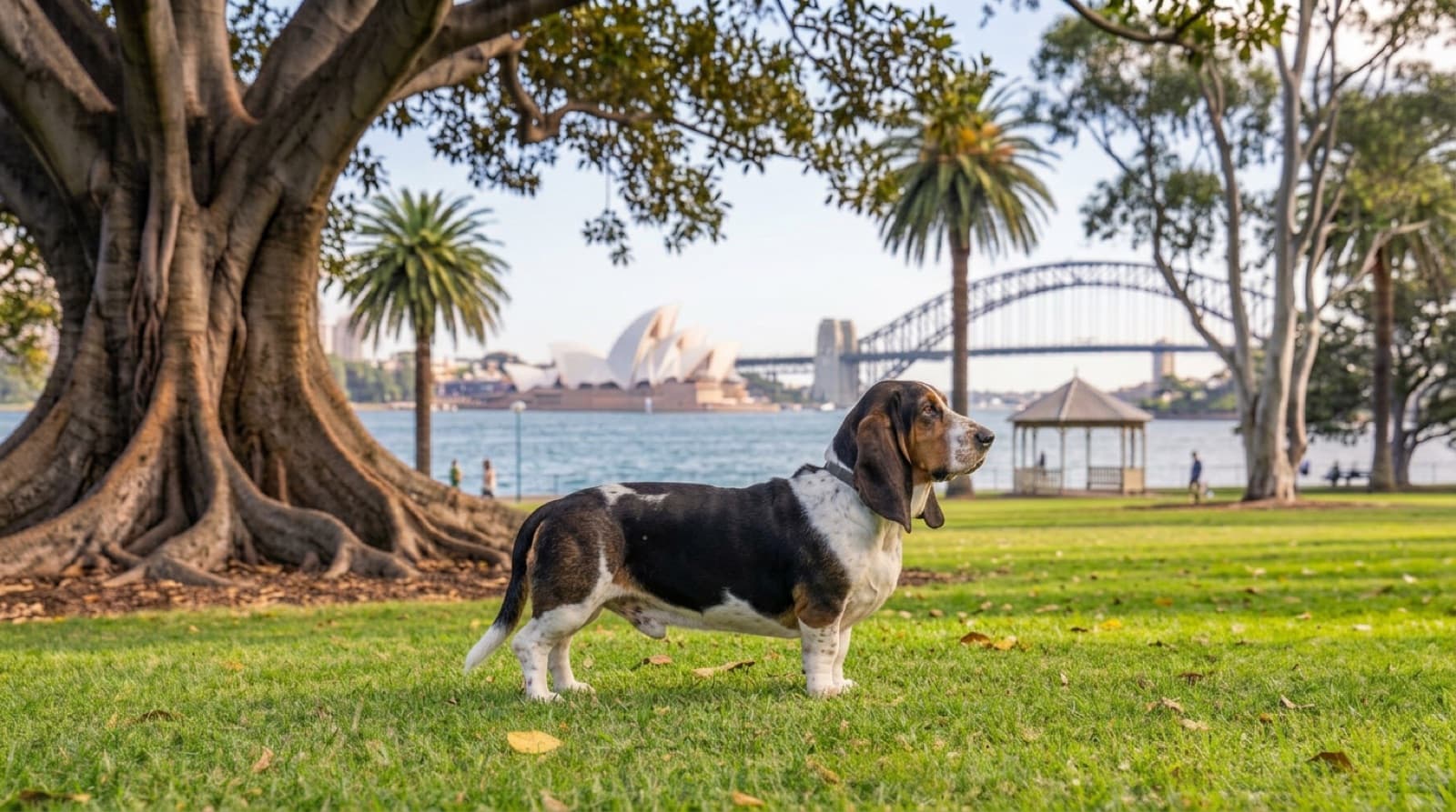 A lean, healthy tricolour Basset Hound standing in profile on grass in a shaded Sydney backyard, showing the long back and short legs that make weight control and spine care so important