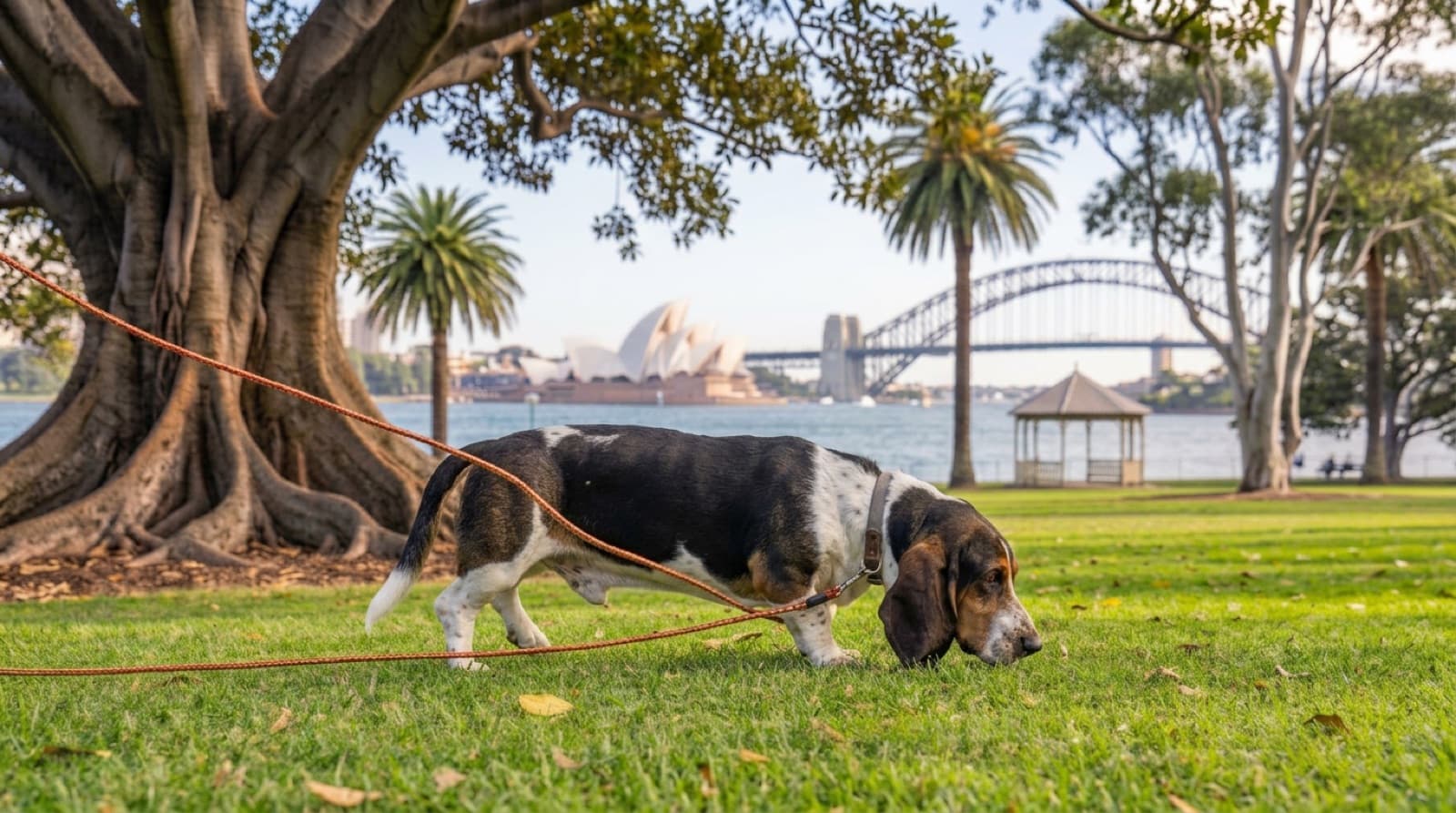 A Basset Hound nose-down following a scent through grass on a long-line in a Sydney park, illustrating the breed's powerful scent drive and why recall is unreliable off lead