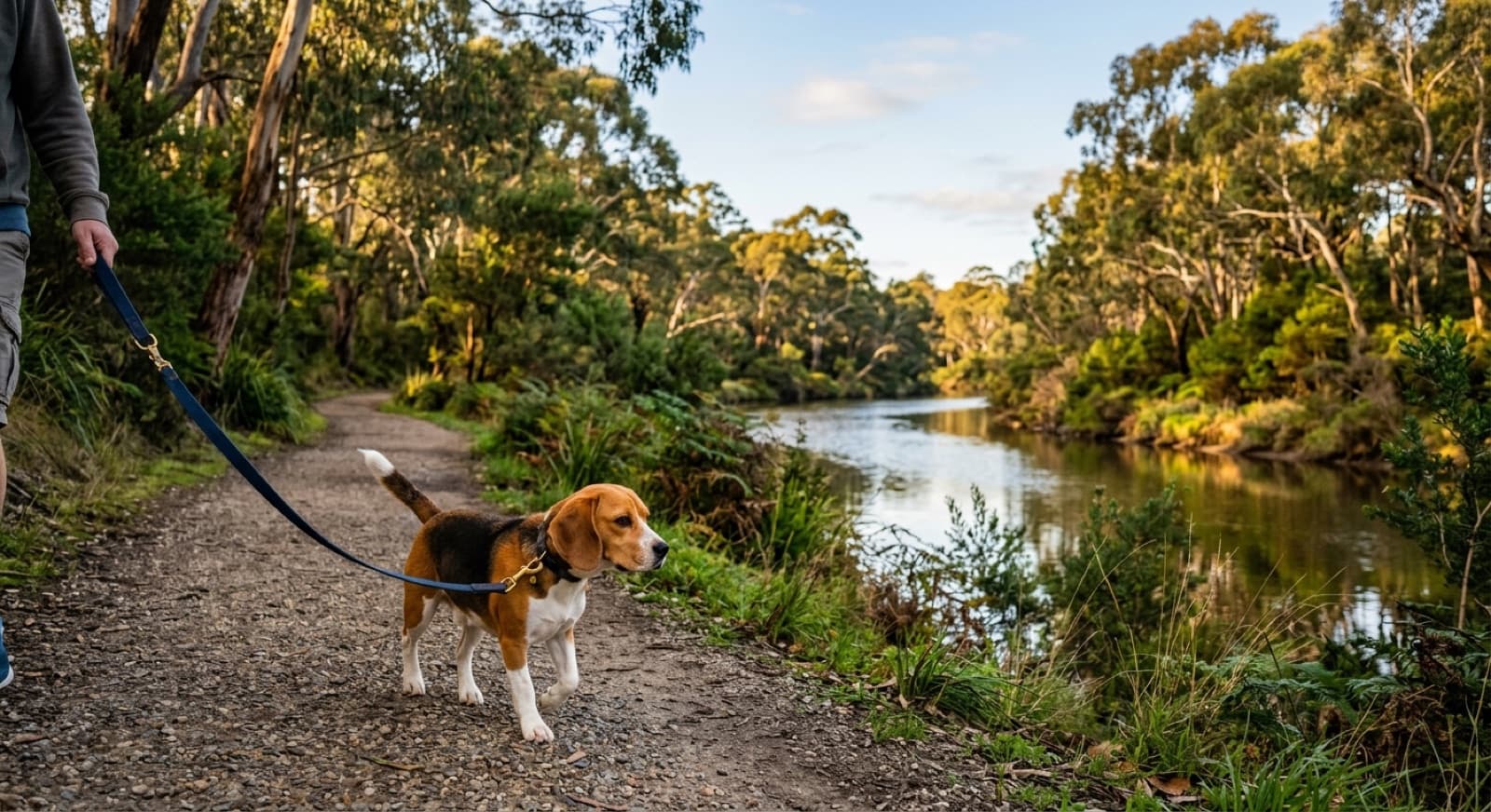A tricolour Beagle on a lead walking a gravel riverside track lined with gum trees in Melbourne, representing rescue Beagles available for adoption across Melbourne and Victoria