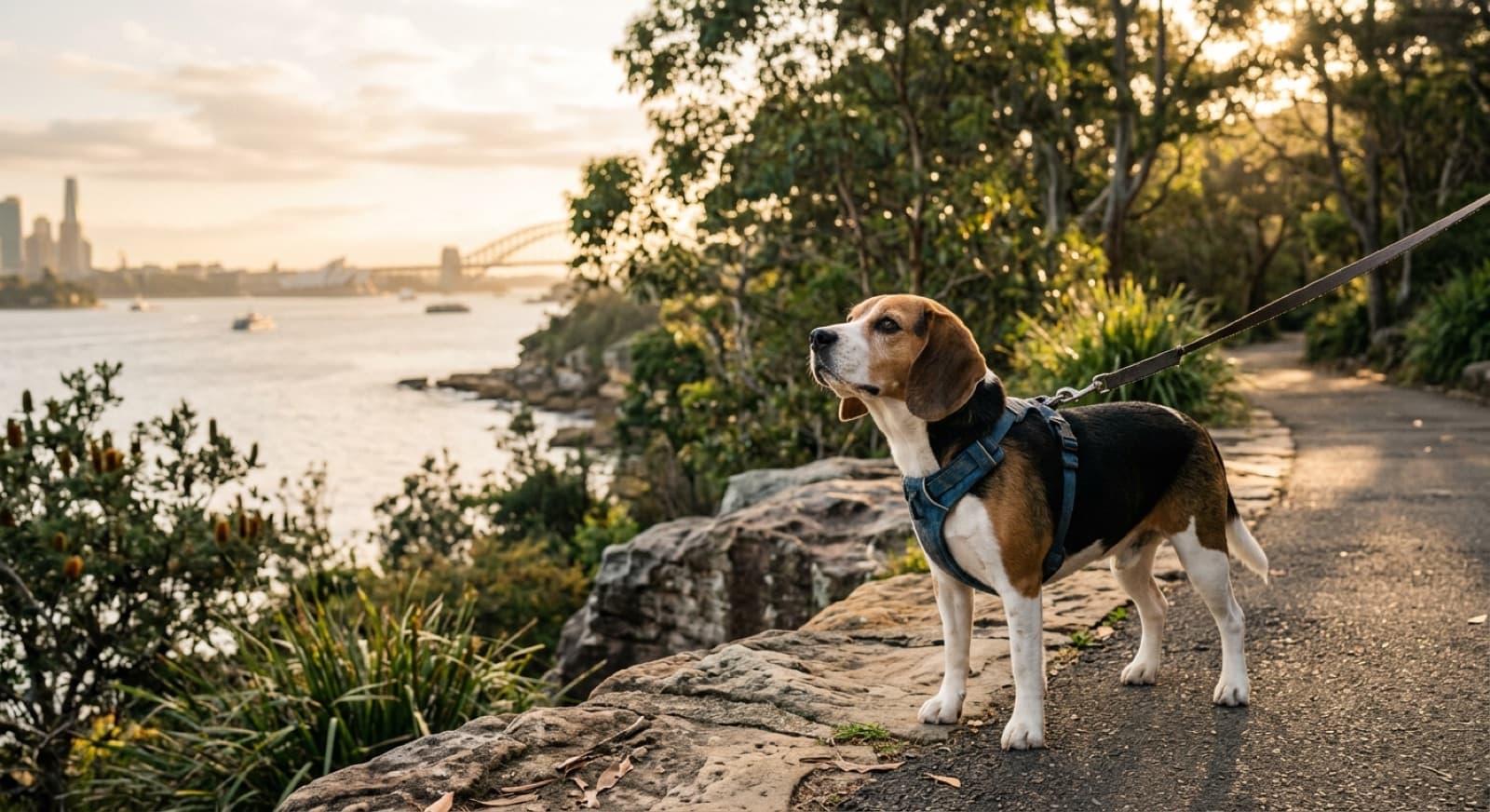 A friendly tricolour Beagle on a lead on a Sydney harbourside path in morning light, representing rescue Beagles available for adoption across Sydney and NSW