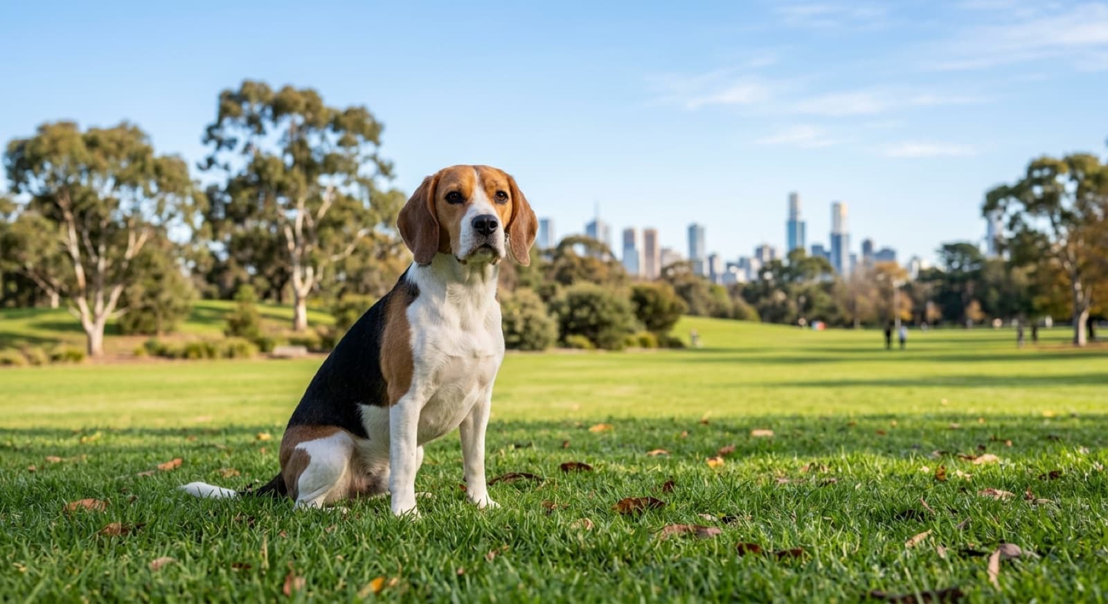 A lean, healthy adult Beagle sitting on open parkland with the Melbourne city skyline in the distance, representing the good body condition that is the biggest lever on Beagle health