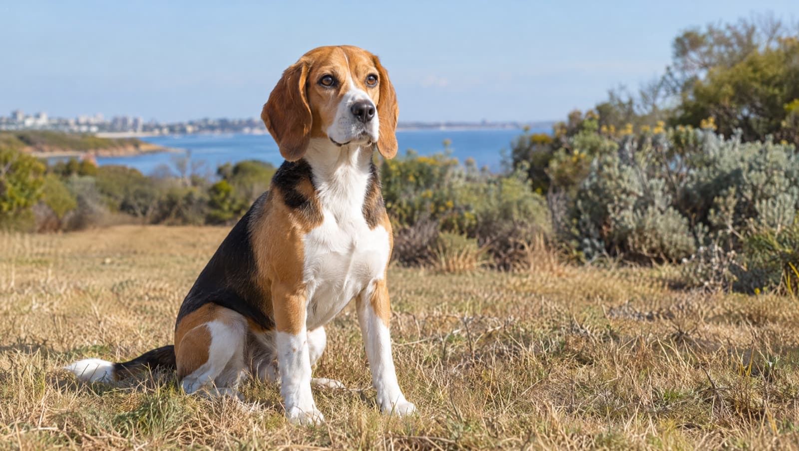 A healthy, lean adult Beagle sitting on dry golden grass in a sunny Perth park, representing the good body condition that is the biggest lever on Beagle health