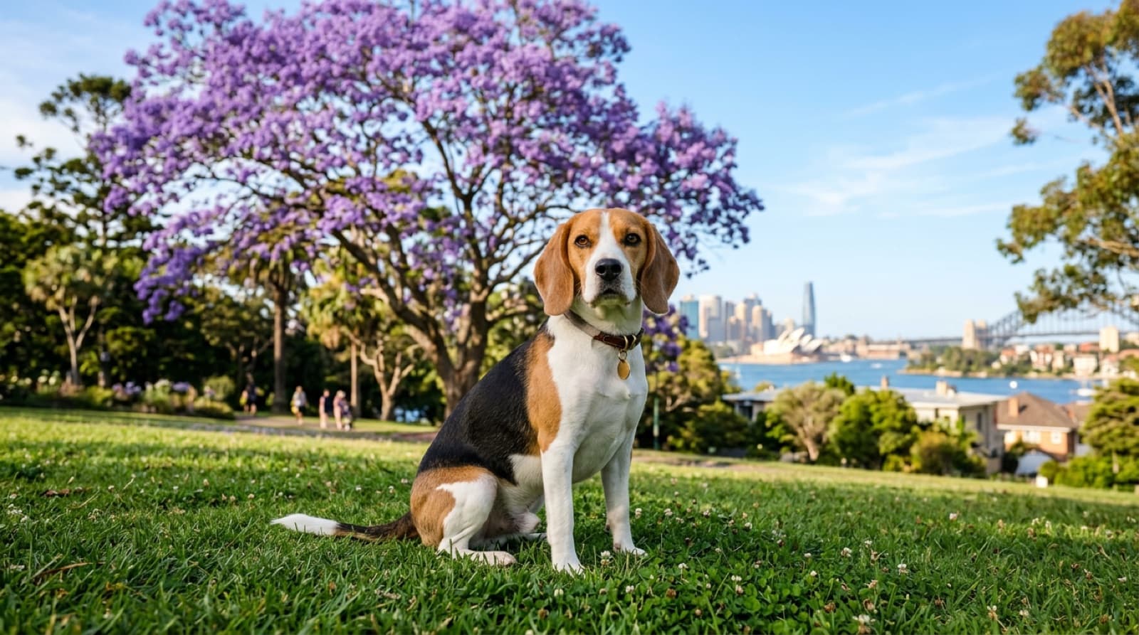 A healthy, lean adult Beagle sitting on grass in a Sydney park, representing the good body condition that is the biggest lever on Beagle health