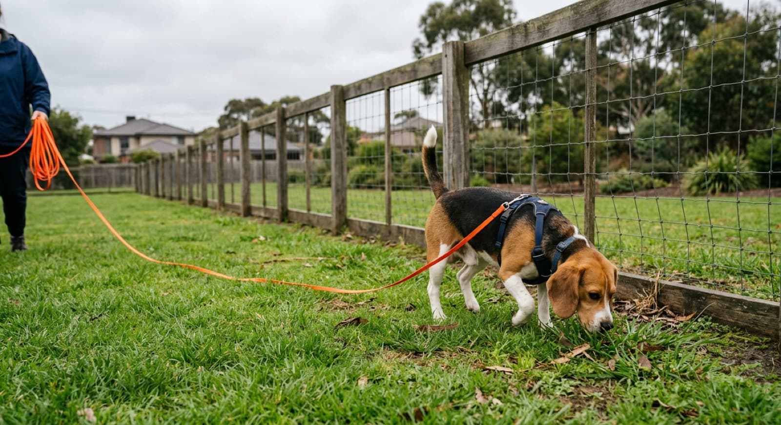 A Beagle sniffing the grass on a long orange long-line inside a fenced suburban Melbourne dog park, the safe way to give a scent hound freedom