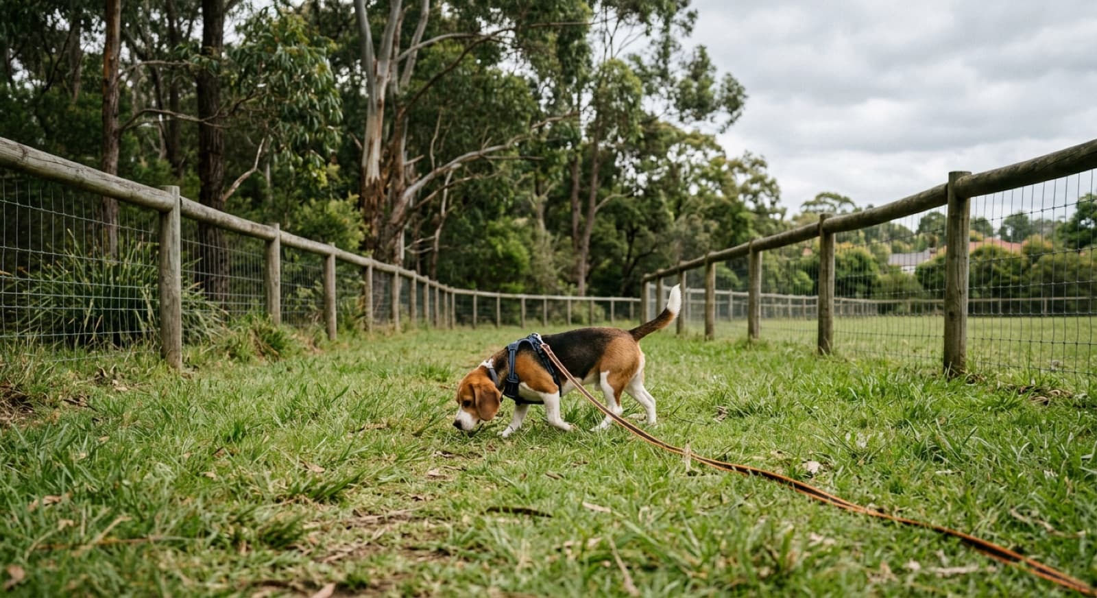 A Beagle exploring nose-down on a long-line lead inside a fully fenced off-leash dog park in Sydney, the safe way to give a scent hound freedom