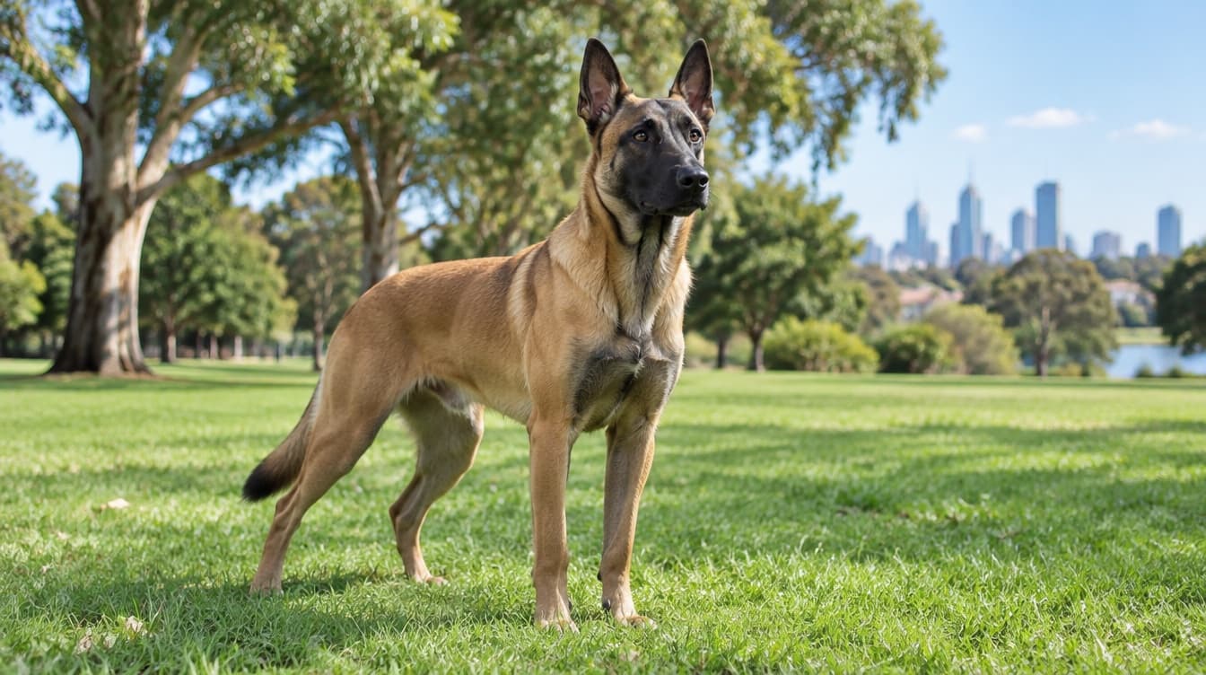 An athletic fawn Belgian Malinois with a black mask standing alert on grass in a sunny Brisbane park, representing the high-drive working dogs occasionally available for adoption across Brisbane and Queensland rescues