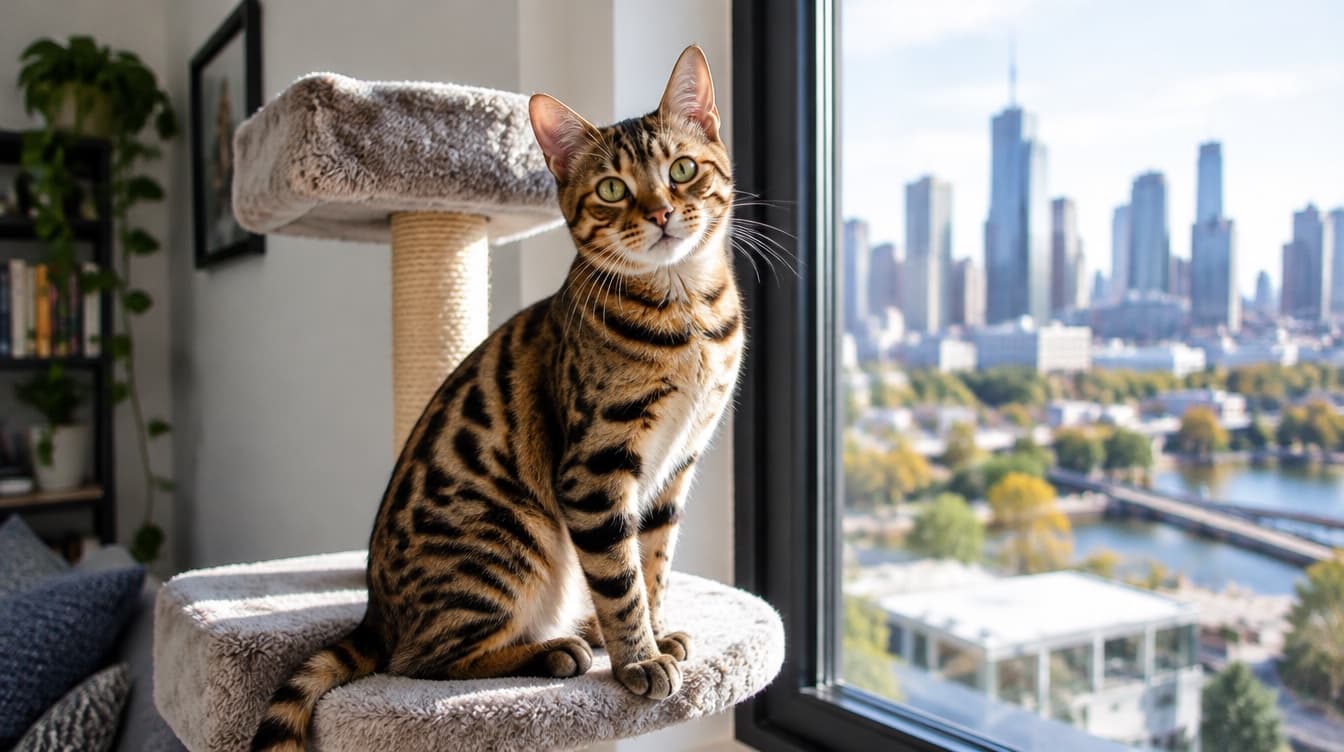 A spotted Bengal cat on a cat tree by a window in a Melbourne home, representing the Bengal cats and spotted crosses that come up for adoption through Victorian rescues