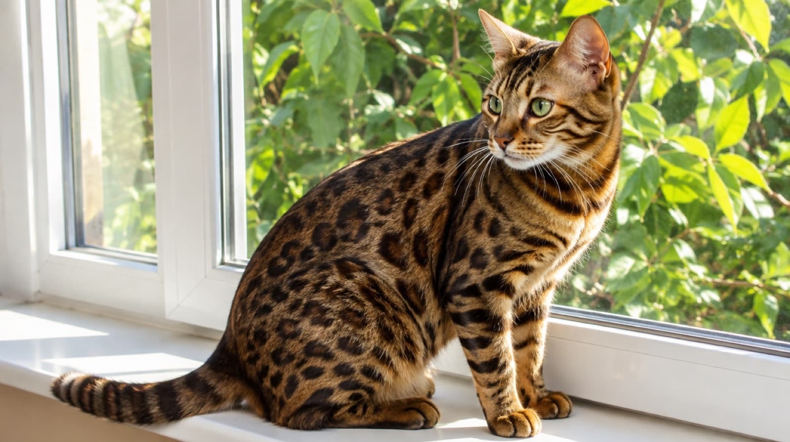 A brown rosetted Bengal cat sitting upright on a sunny indoor windowsill, its spotted coat lit by morning light through the glass