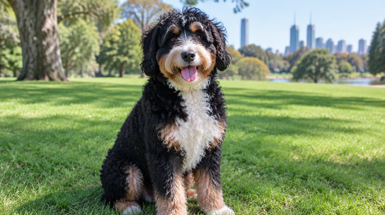 A curly tricolour black, white and tan Bernedoodle sitting on grass in a sunny Brisbane park, representing the friendly doodle crosses available for adoption across Brisbane and Queensland rescues