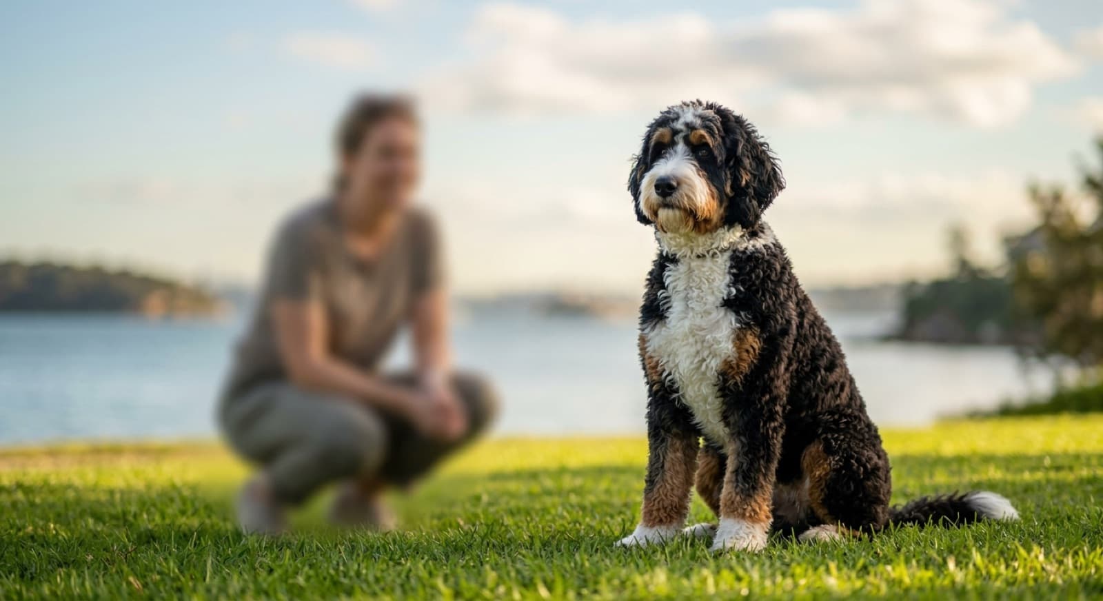 A large tricolour Bernedoodle with a wavy black, white and tan coat sitting calmly on the grass in a sunny Sydney park, representing the Bernese Mountain Dog and Poodle crossbreeds that occasionally turn up for adoption across Sydney and NSW rescues