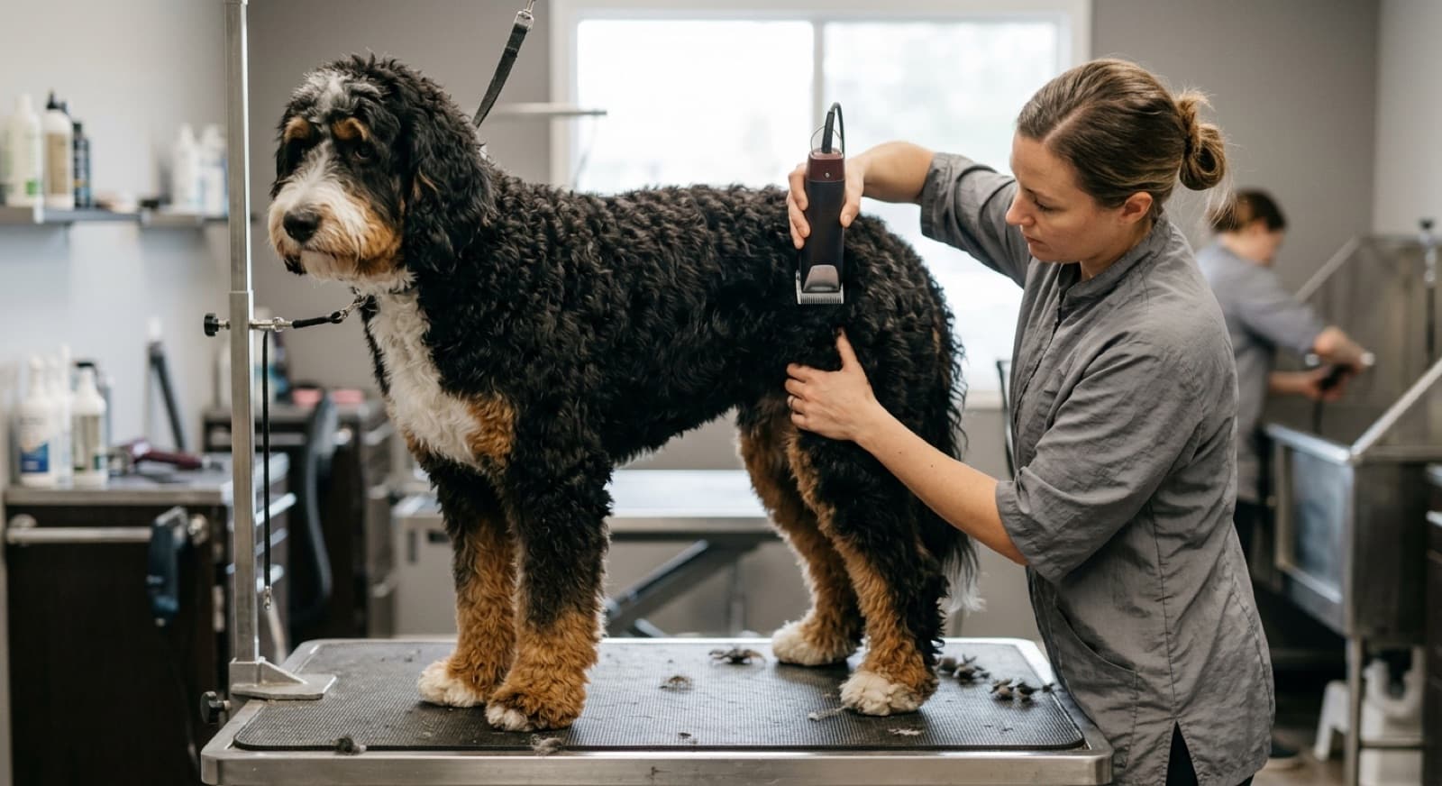 A large tricolour Bernedoodle with a thick wavy black, white and tan coat being brushed on a grooming table, showing the amount of coat a big doodle carries and the regular brushing it needs