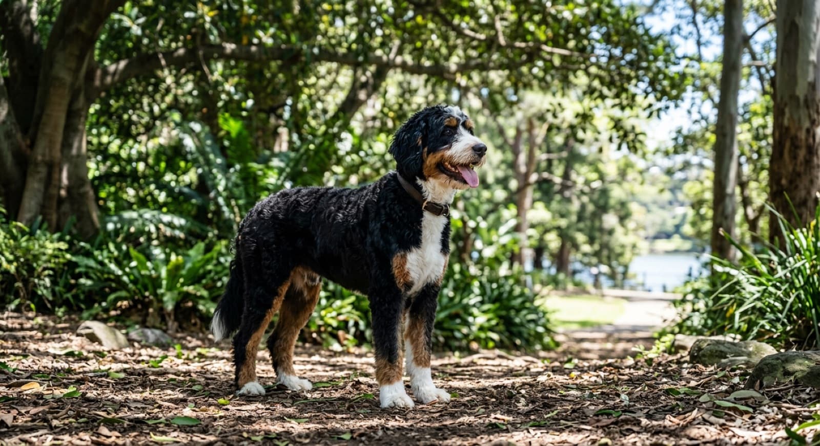 A large tri-colour black, white and tan Bernedoodle with a wavy coat standing on grass in a shaded Sydney park, a big crossbreed for which lean weight, heat sense and lump checks are the keys to a long life