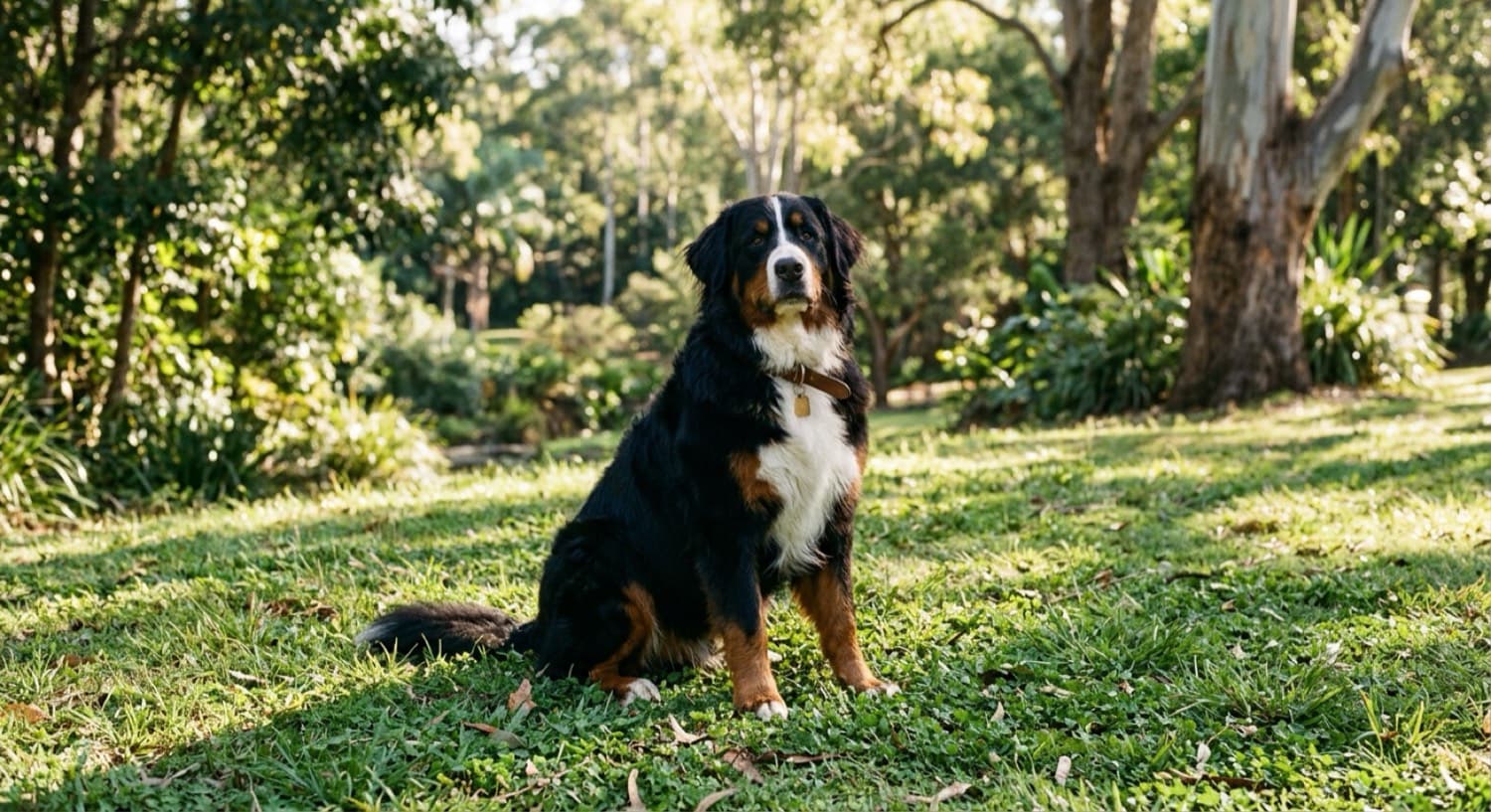 A tricolour Bernese Mountain Dog sitting calmly outdoors, representing the gentle Swiss giants and Bernese crosses available for adoption through Brisbane and Queensland rescue