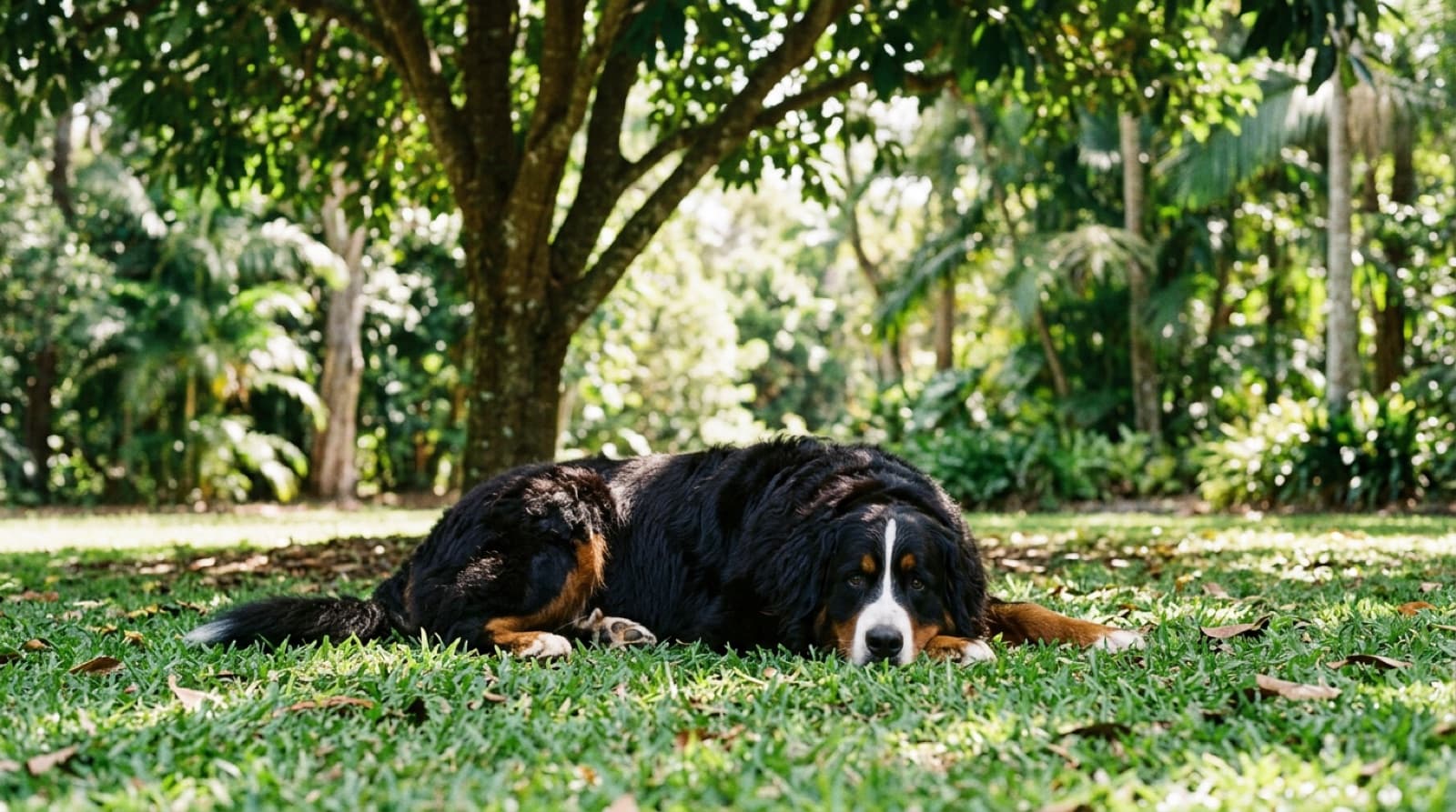 A tricolour Bernese Mountain Dog sitting calmly in the shade of a Gold Coast park, representing the gentle Swiss giants and Bernese crosses occasionally available for adoption through Gold Coast and Queensland rescue