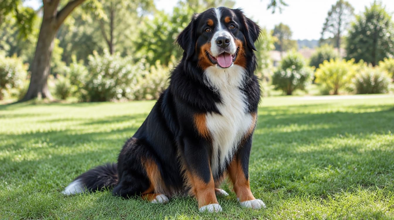 A tricolour Bernese Mountain Dog sitting on the grass in a Melbourne park, representing the rescue Berners available for adoption across Victoria